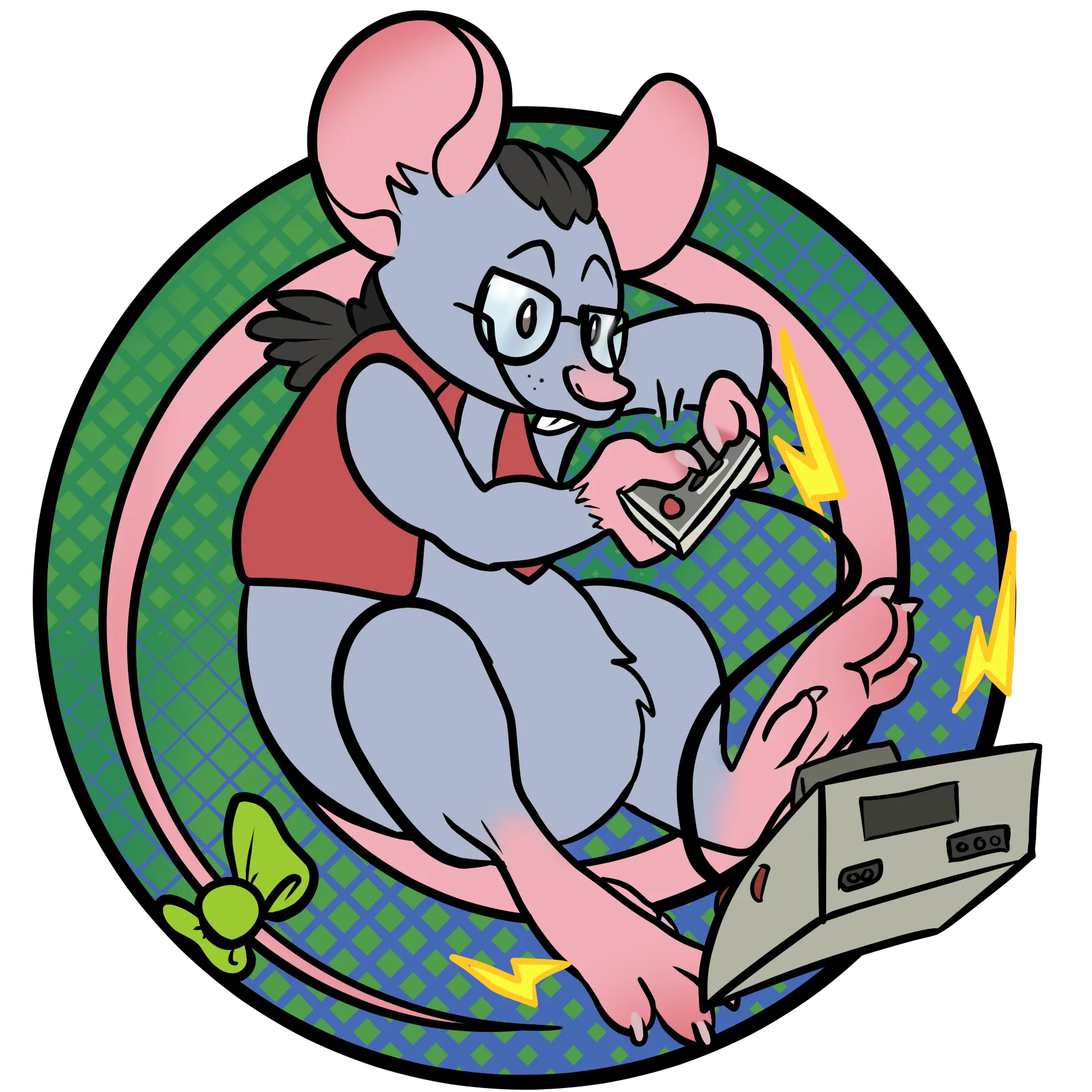 Grey rat in a red vest working with handheld electronics and a game console
