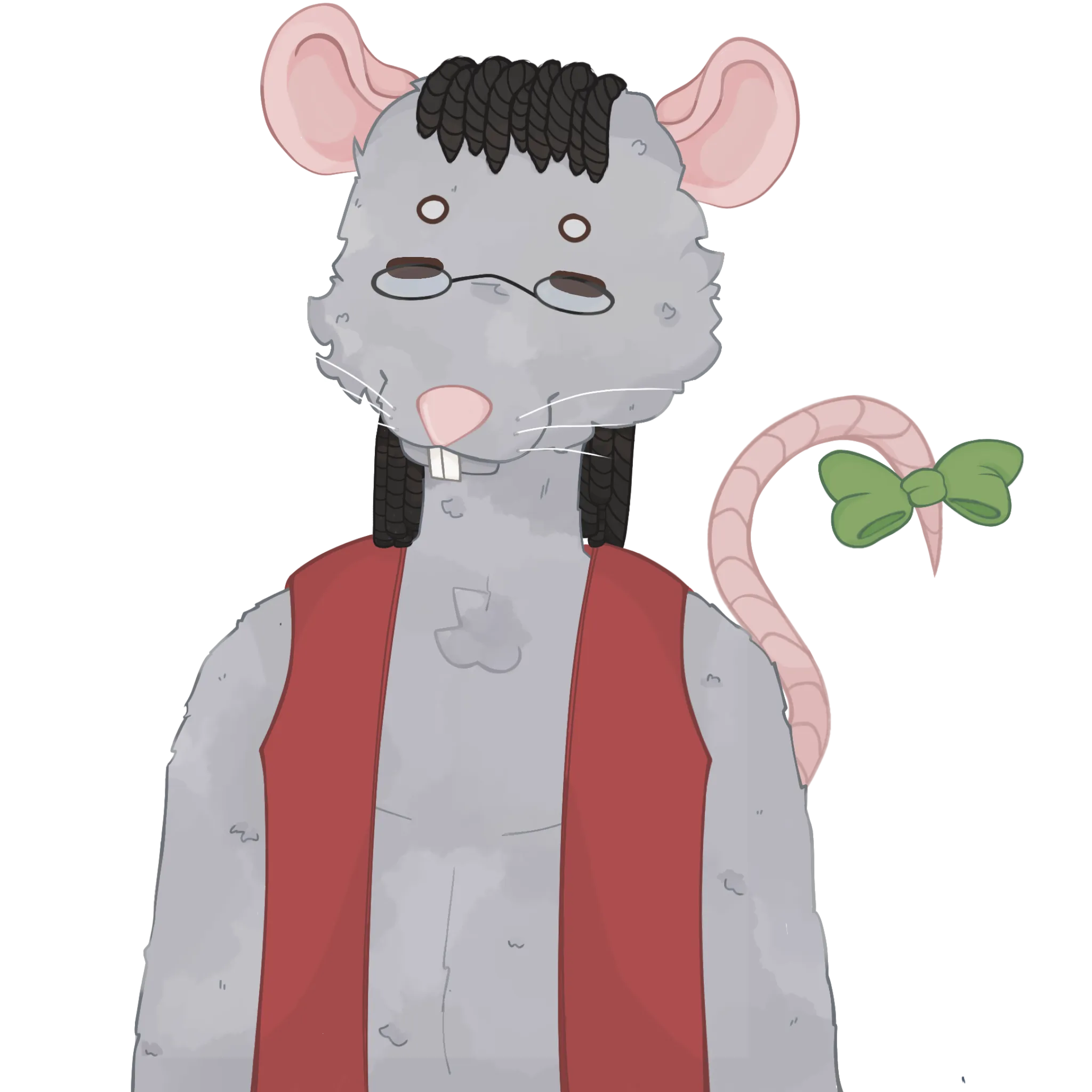 Anthropomorphic grey rat in a red open vest, standing in profile