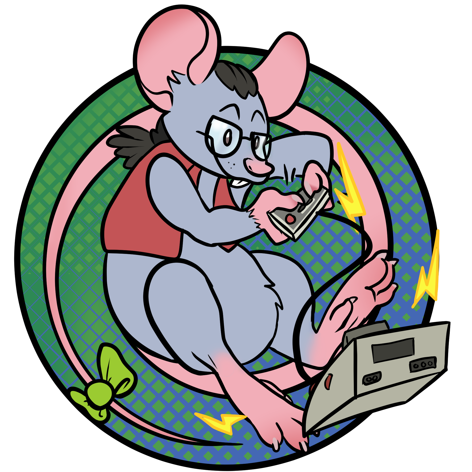 Grey rat in a red vest working with electronics